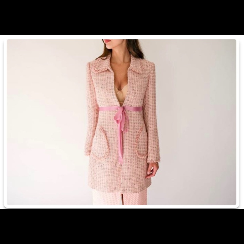 Pink Boucle Tweed Jacket w/ Ribbon Belt | Rayon Blend